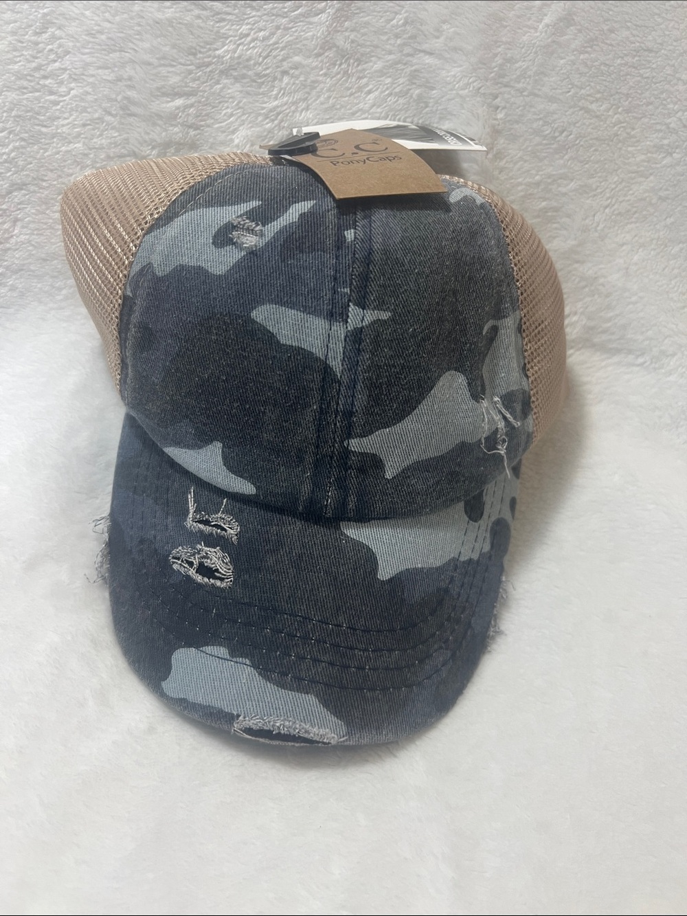 C.C Men’s Distressed Blue Camo Trucker Hat - Tan Mesh